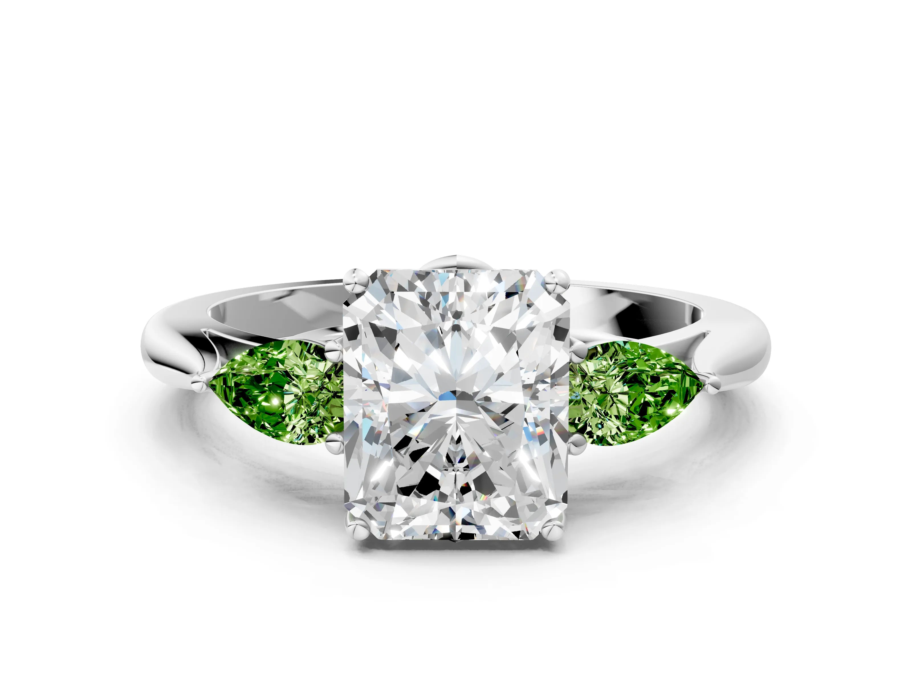 White gold Radiant Cut Diamond Three-Stone Ring with Pear with Peridot side stone Side Stones and Prong Setting_12