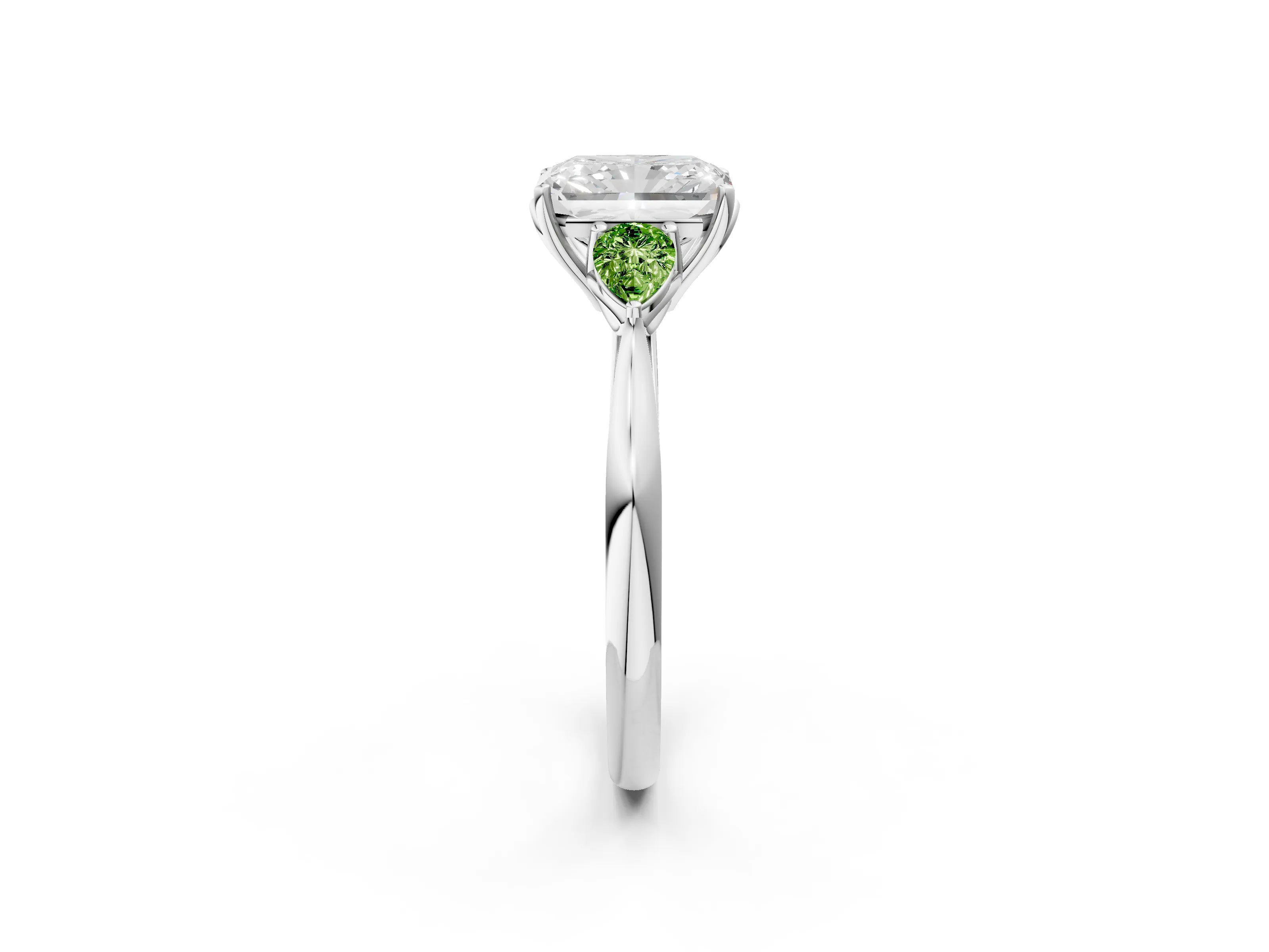 White gold Radiant Cut Diamond Three-Stone Ring with Pear with Peridot side stone Side Stones and Prong Setting_14