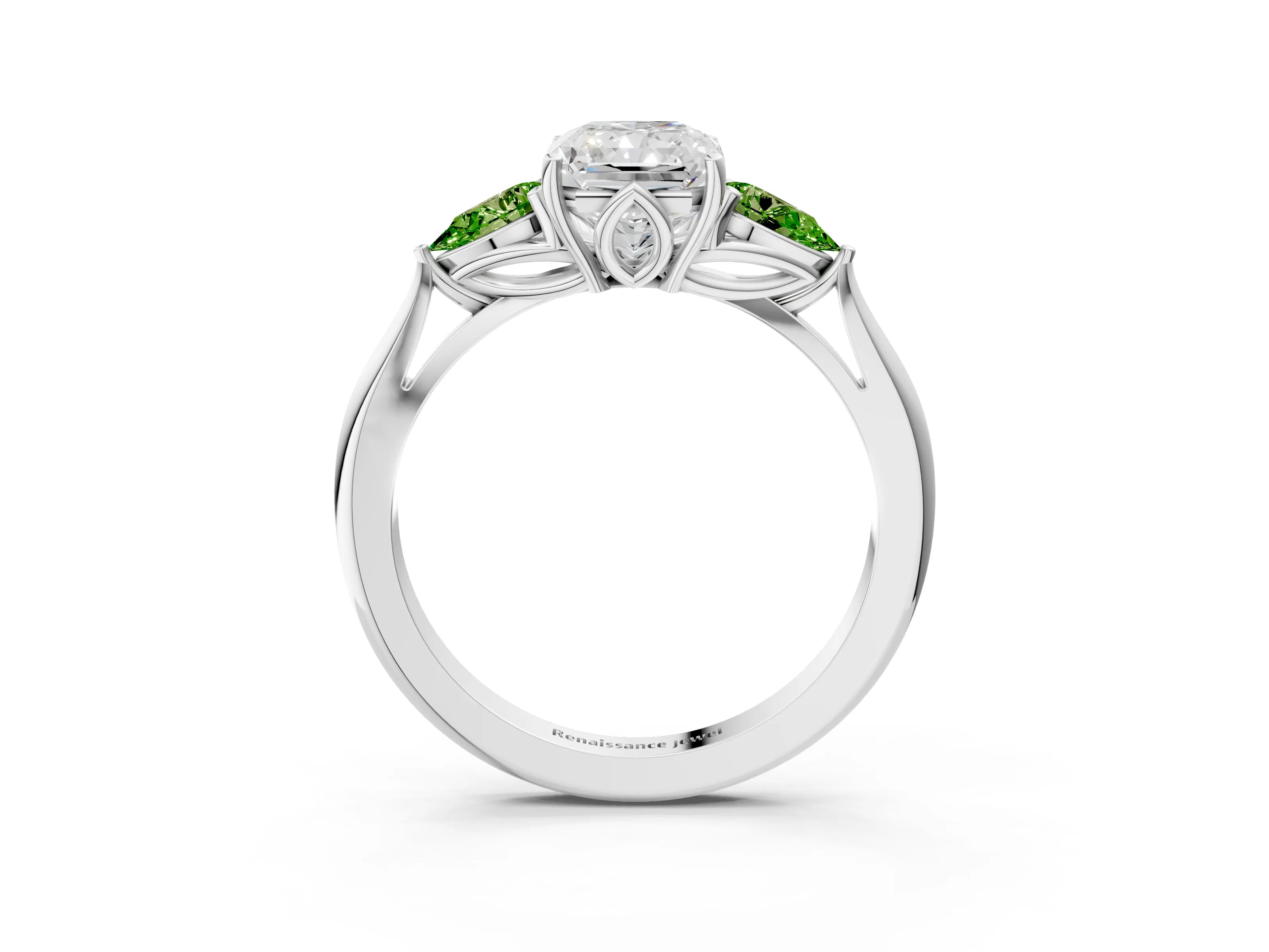 White gold Radiant Cut Diamond Three-Stone Ring with Pear with Peridot side stone Side Stones and Prong Setting_15