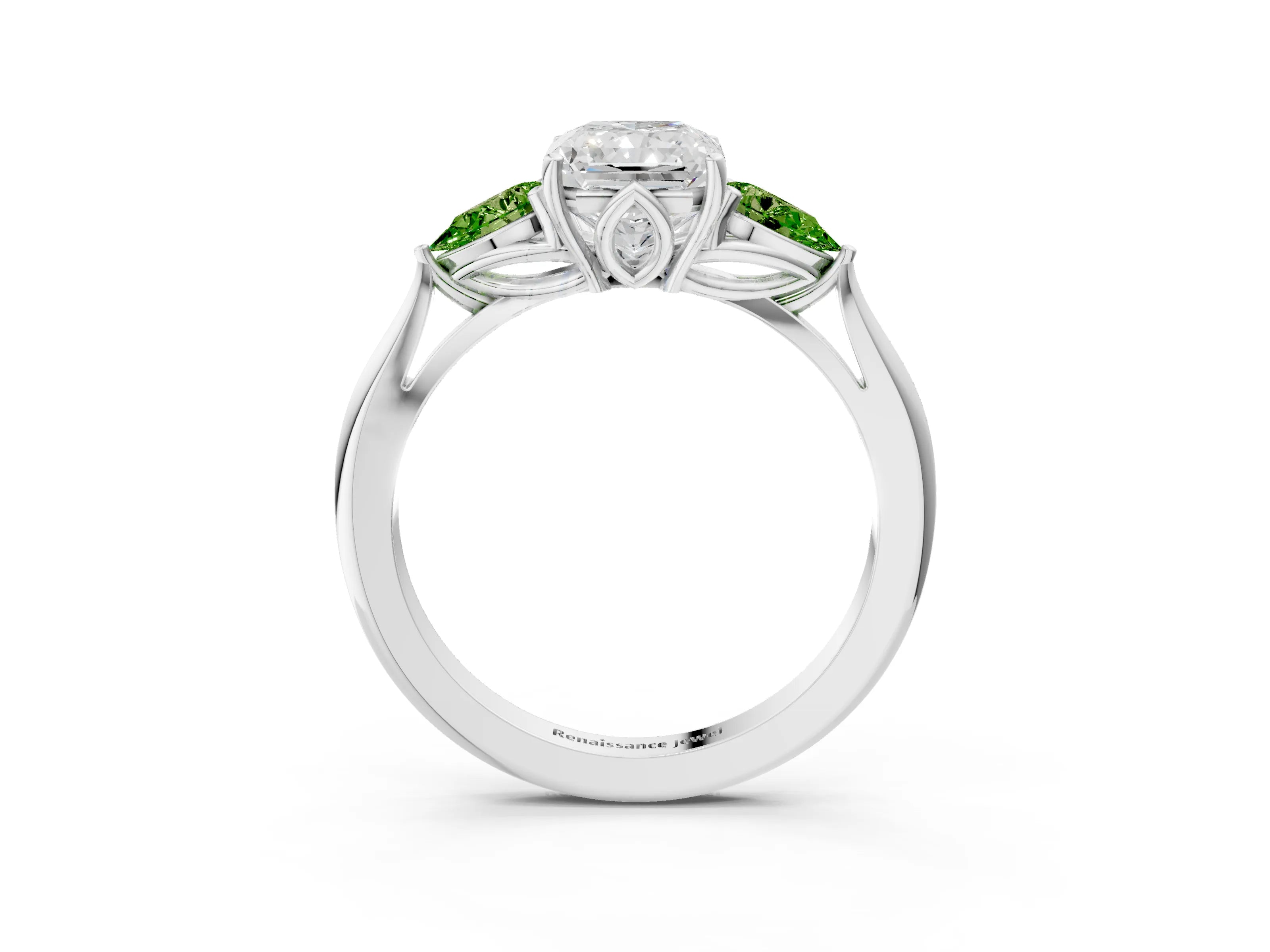 White gold Radiant Cut Diamond Three-Stone Ring with Pear with Peridot side stone Side Stones and Prong Setting_15