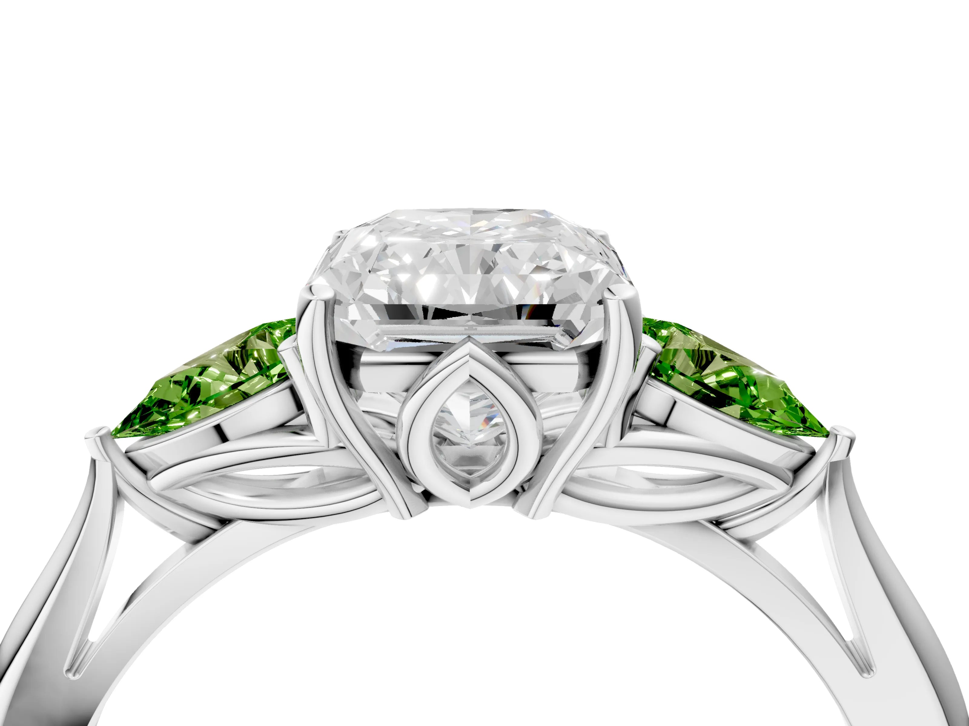 White gold Radiant Cut Diamond Three-Stone Ring with Pear with Peridot side stone Side Stones and Prong Setting_16