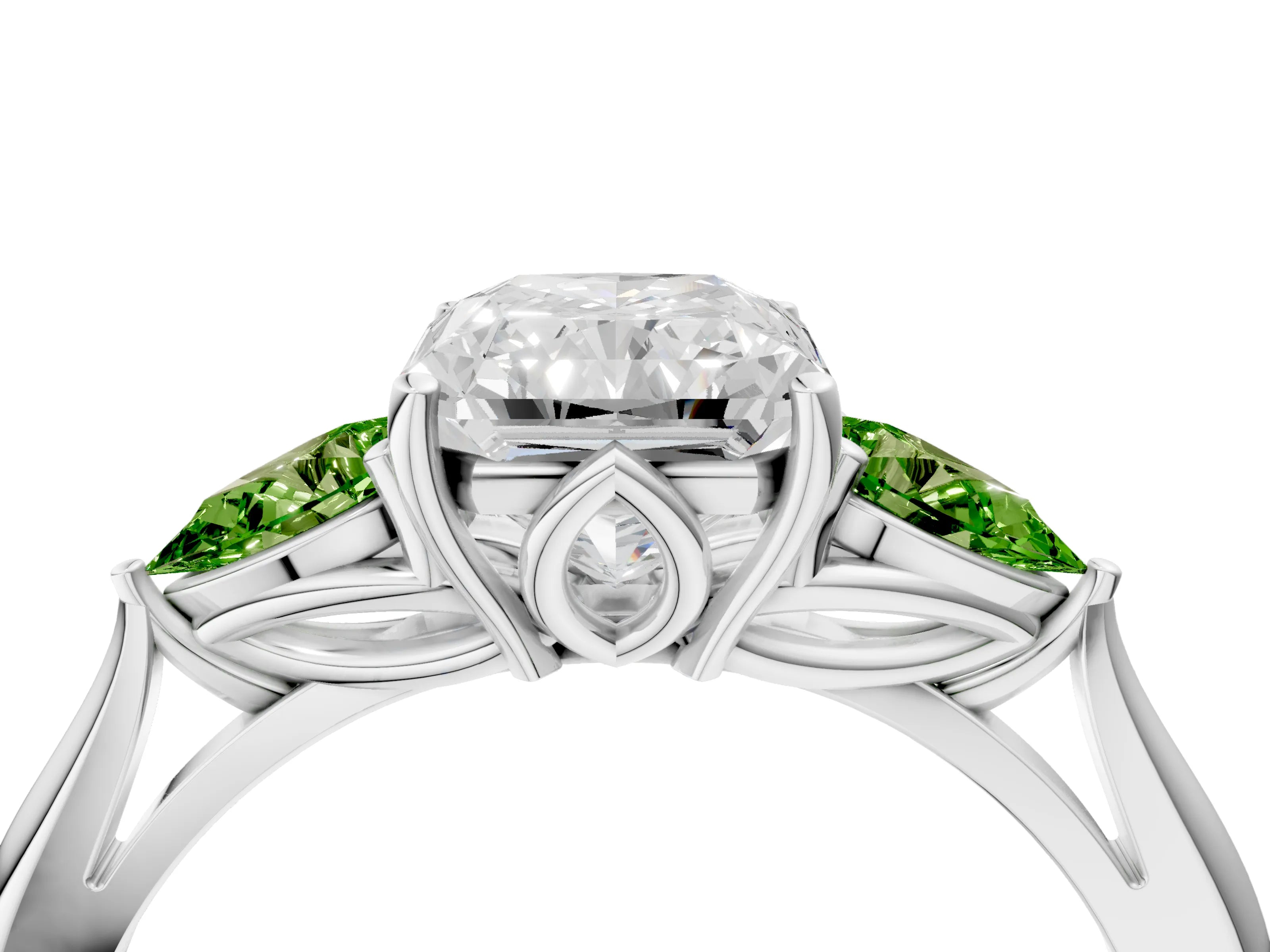 White gold Radiant Cut Diamond Three-Stone Ring with Pear with Peridot side stone Side Stones and Prong Setting_22