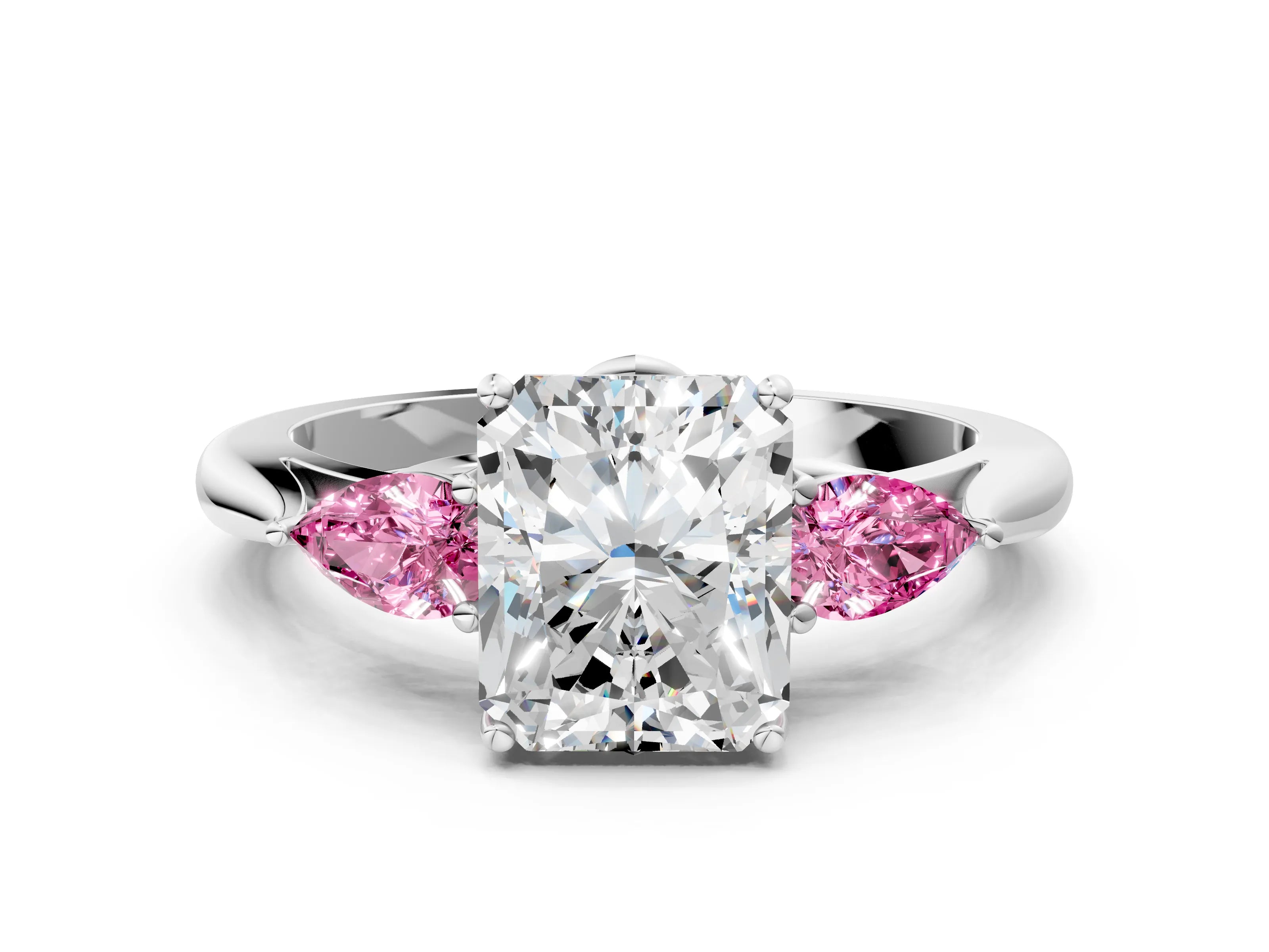 White gold Radiant Cut Diamond Three-Stone Ring with Pear with Pink Sapphire side stone Side Stones and Prong Setting_60