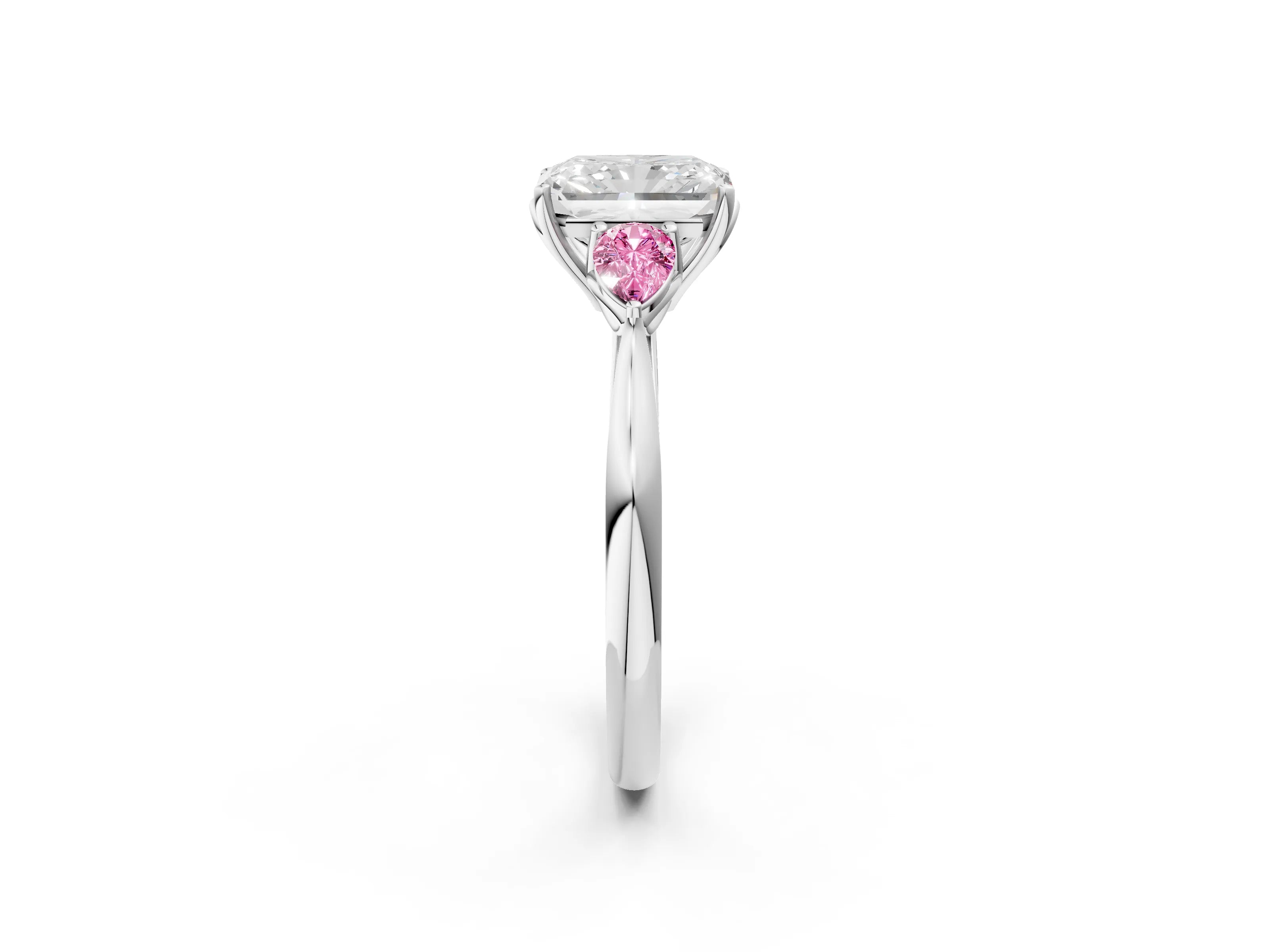 White gold Radiant Cut Diamond Three-Stone Ring with Pear with Pink Sapphire side stone Side Stones and Prong Setting_62