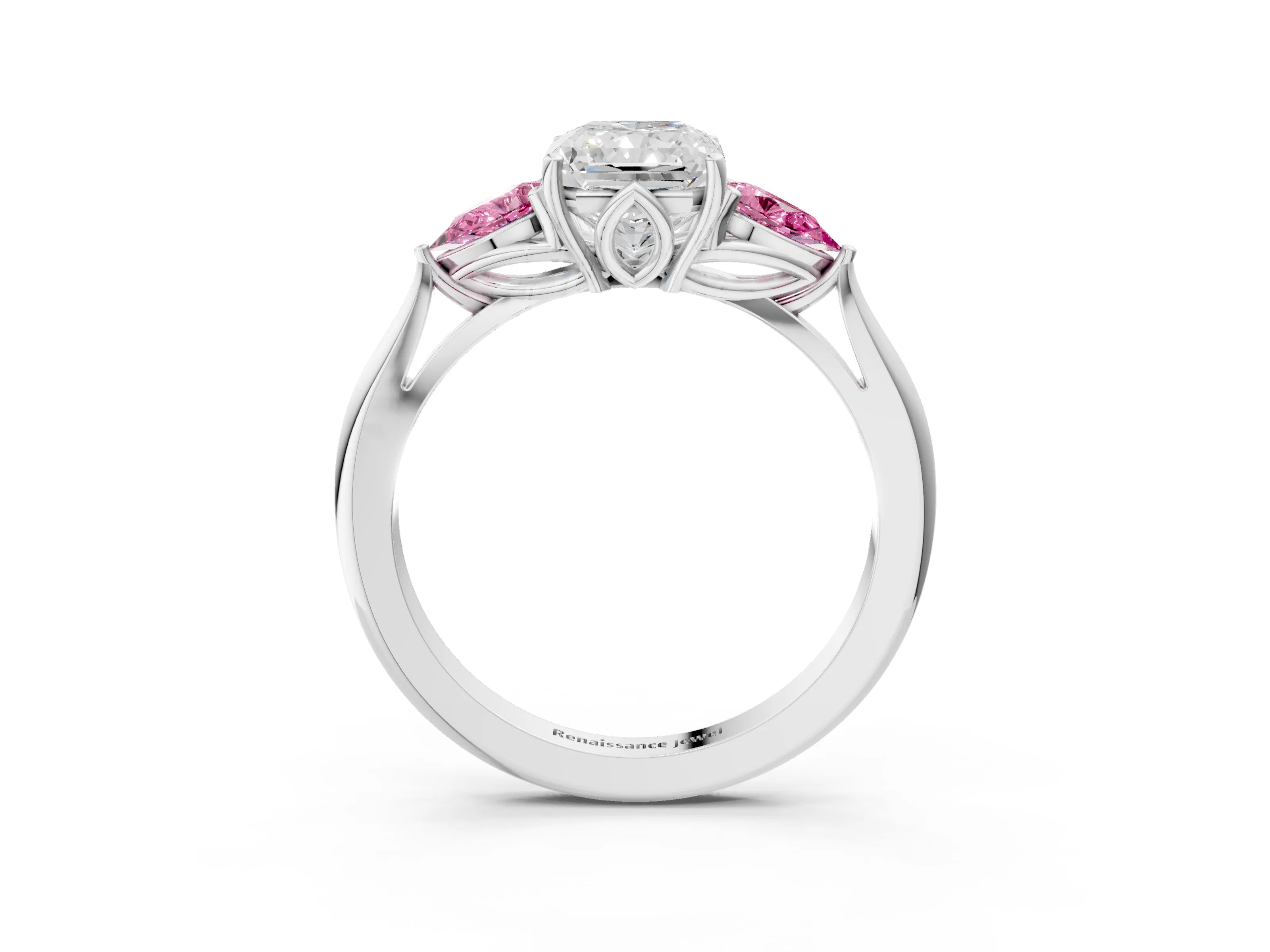 White gold Radiant Cut Diamond Three-Stone Ring with Pear with Pink Sapphire side stone Side Stones and Prong Setting_72