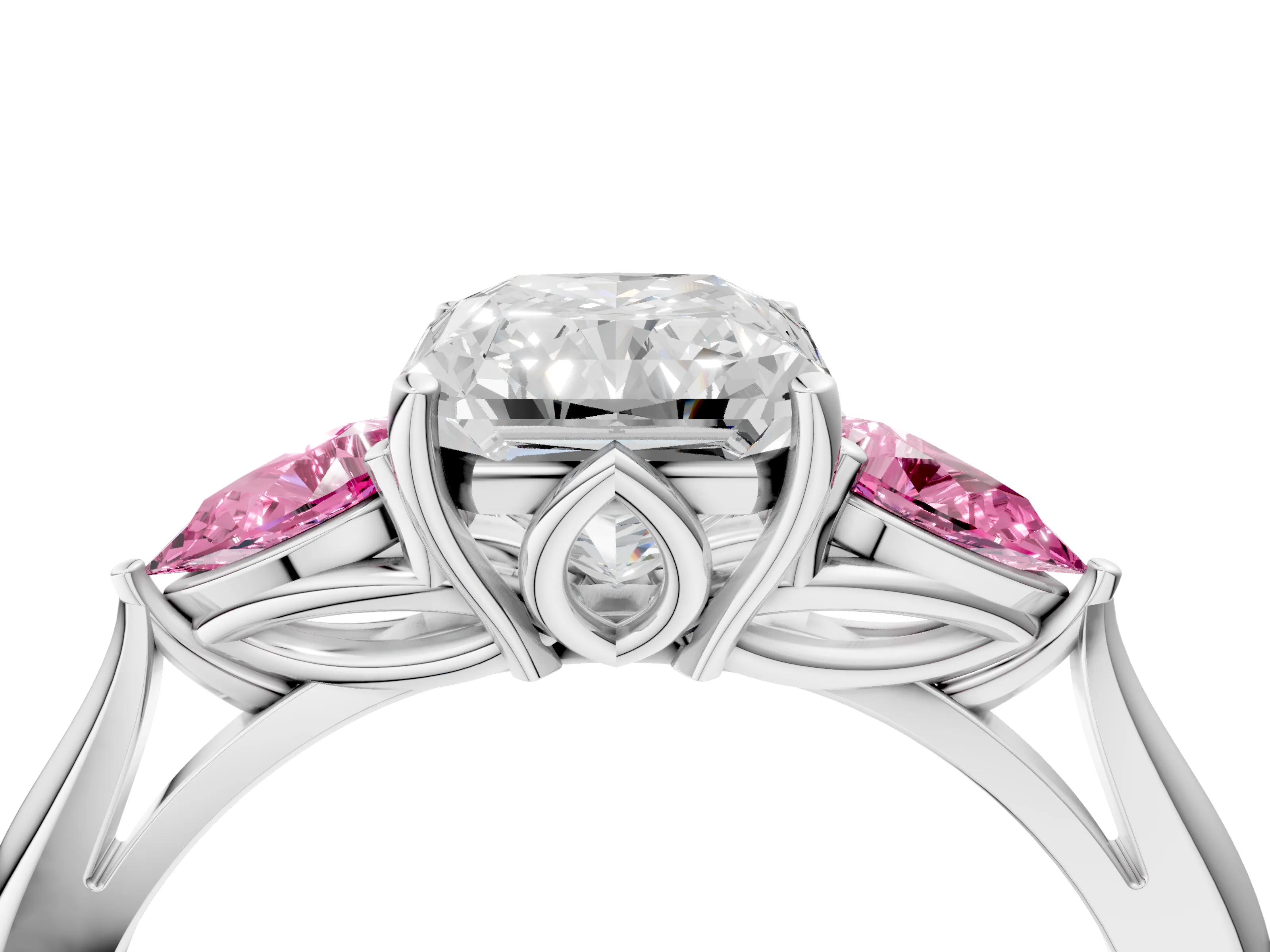 White gold Radiant Cut Diamond Three-Stone Ring with Pear with Pink Sapphire side stone Side Stones and Prong Setting_73