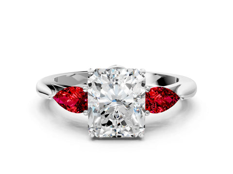 White gold Radiant Cut Diamond Three-Stone Ring with Pear with Ruby side stone Side Stones and Prong Setting_24