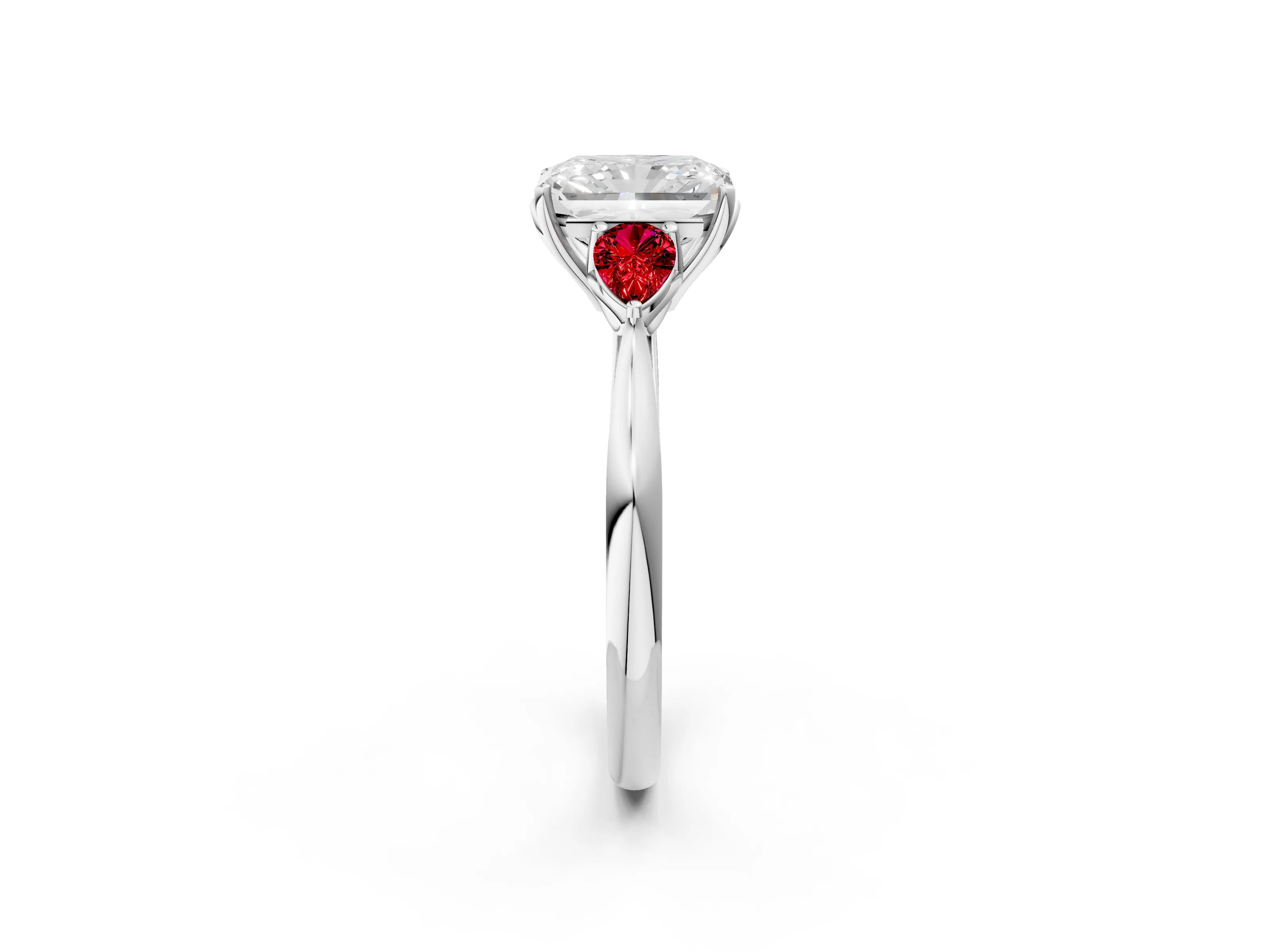 White gold Radiant Cut Diamond Three-Stone Ring with Pear with Ruby side stone Side Stones and Prong Setting_26