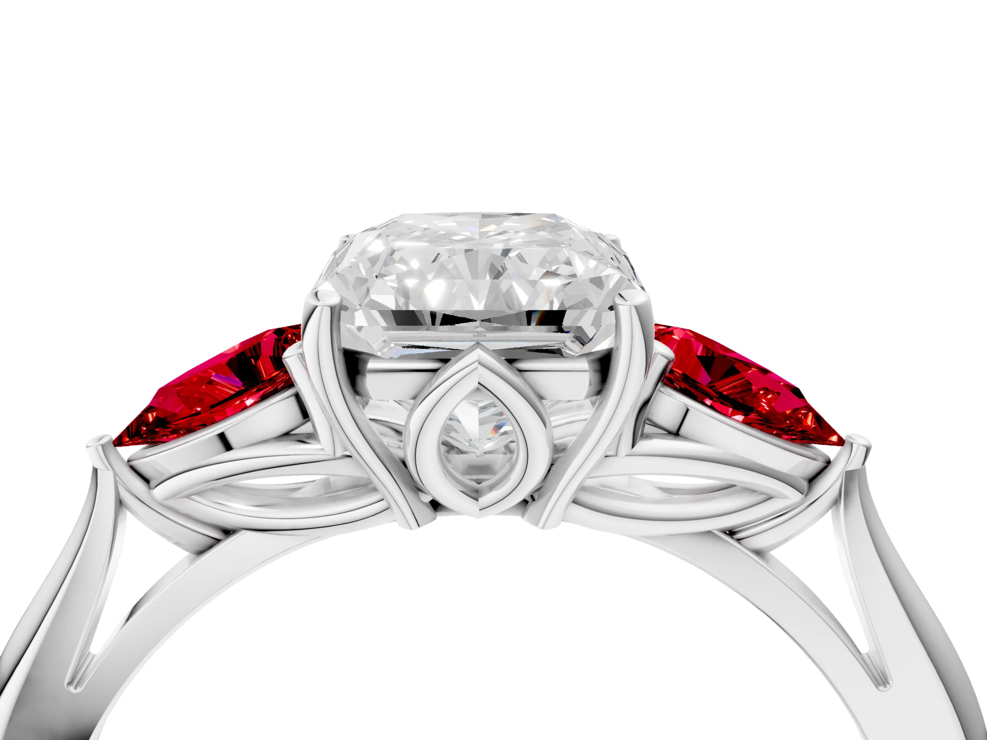 White gold Radiant Cut Diamond Three-Stone Ring with Pear with Ruby side stone Side Stones and Prong Setting_28