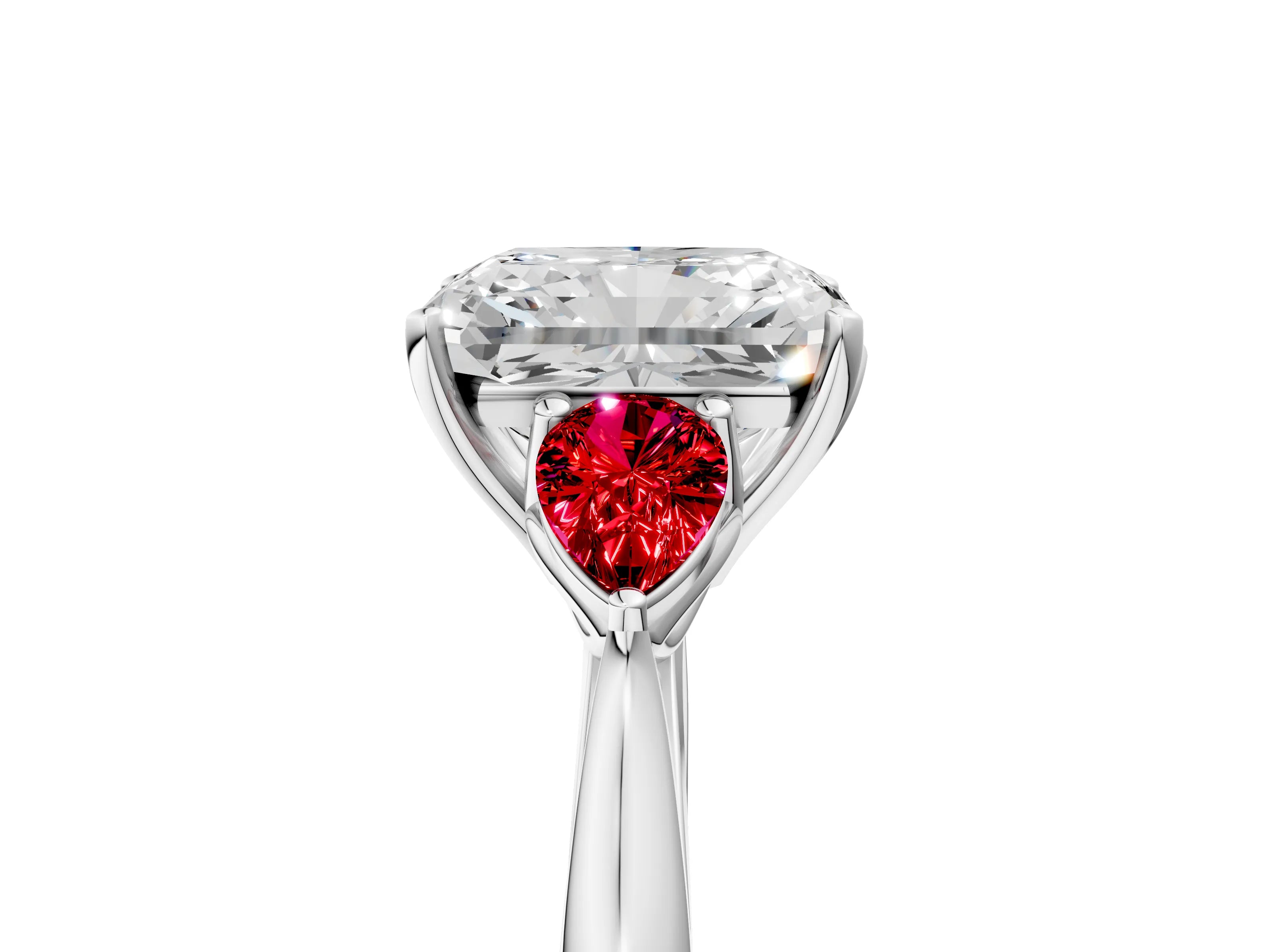 White gold Radiant Cut Diamond Three-Stone Ring with Pear with Ruby side stone Side Stones and Prong Setting_41