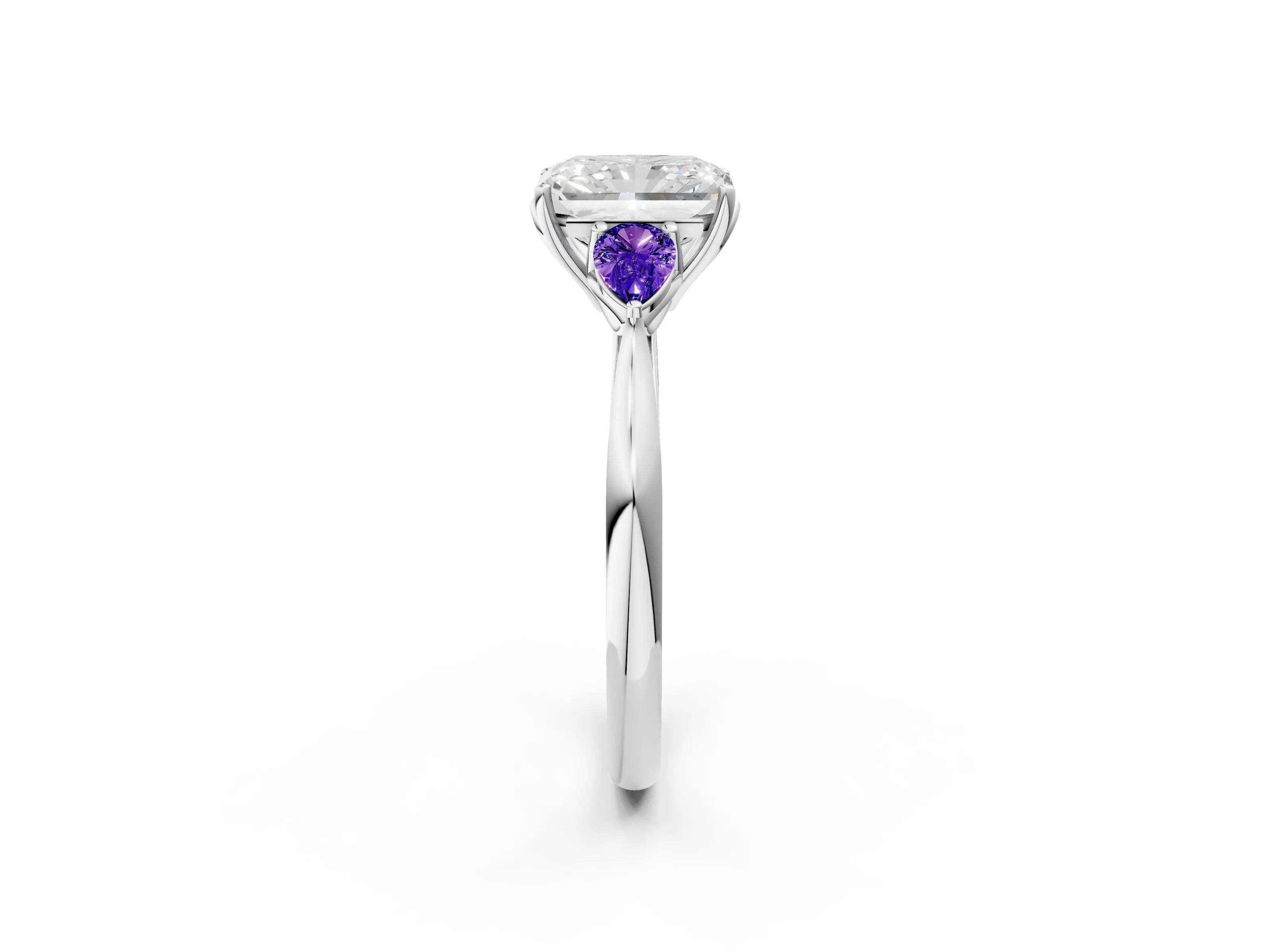 White gold Radiant Cut Diamond Three-Stone Ring with Pear with Tanzanite side stone Side Stones and Prong Setting_10