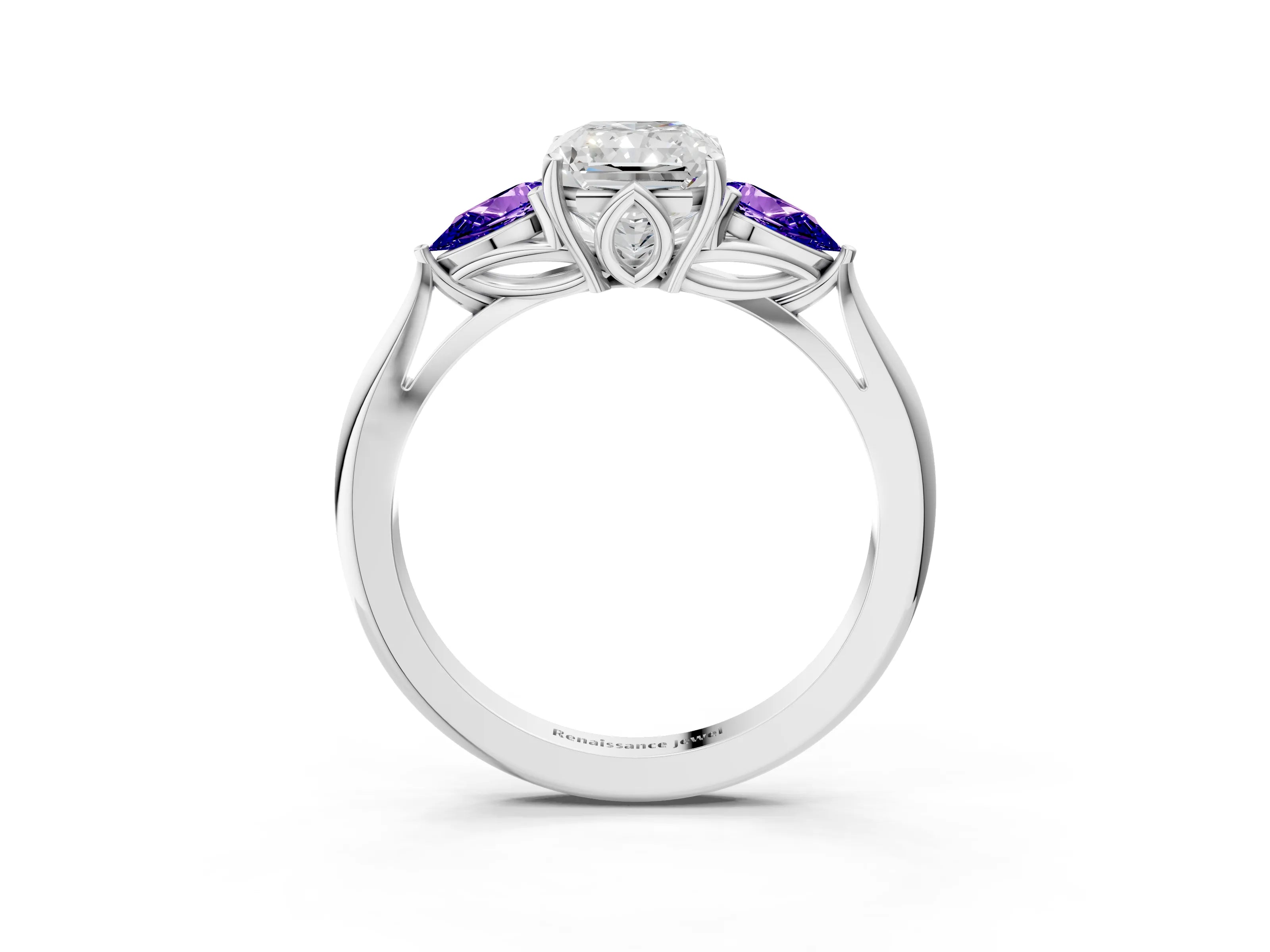 White gold Radiant Cut Diamond Three-Stone Ring with Pear with Tanzanite side stone Side Stones and Prong Setting_11