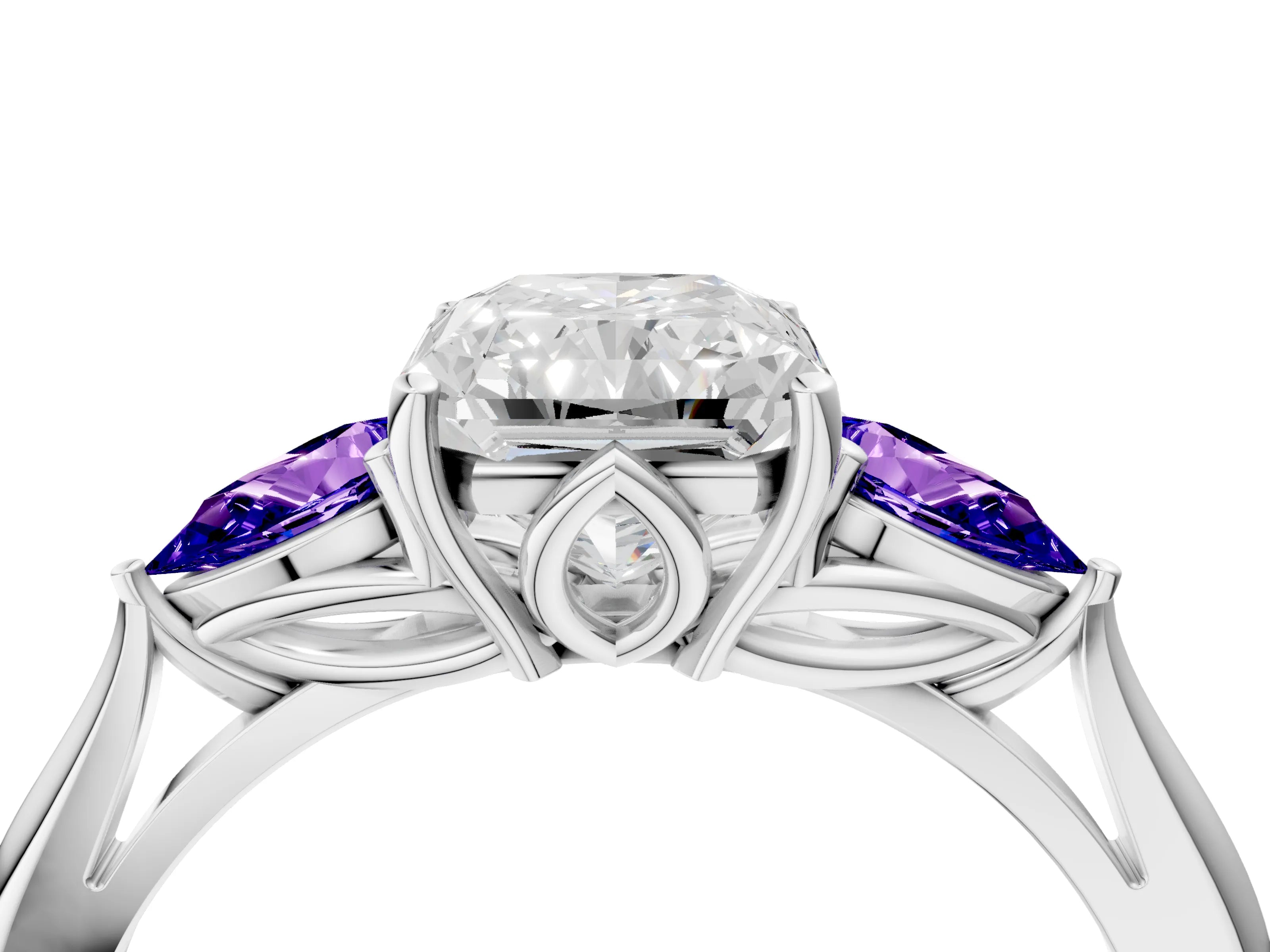 White gold Radiant Cut Diamond Three-Stone Ring with Pear with Tanzanite side stone Side Stones and Prong Setting_16