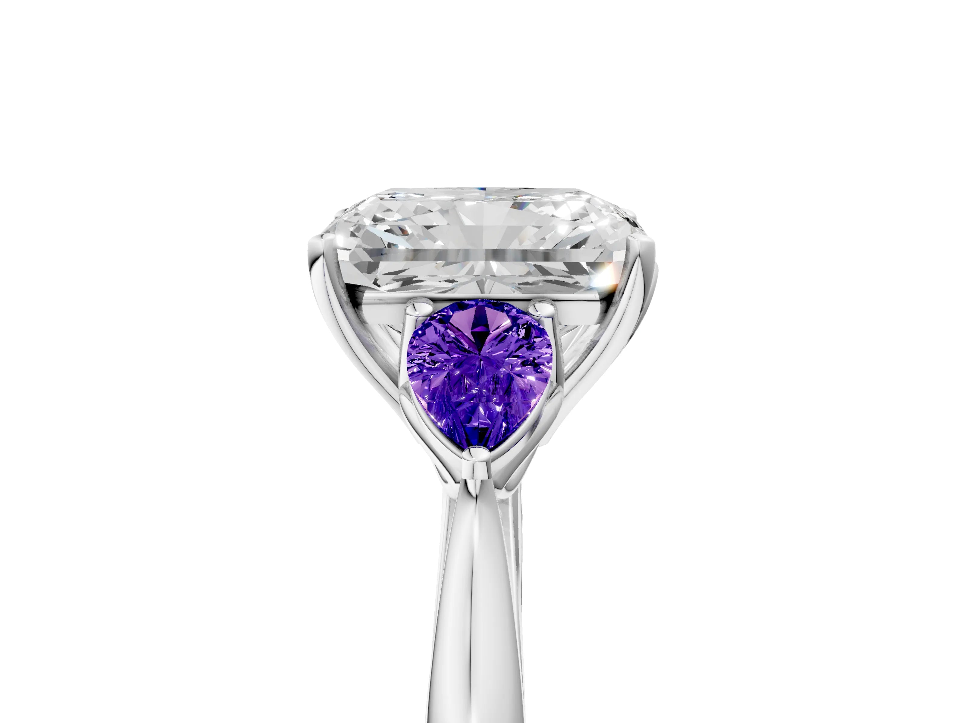 White gold Radiant Cut Diamond Three-Stone Ring with Pear with Tanzanite side stone Side Stones and Prong Setting_17