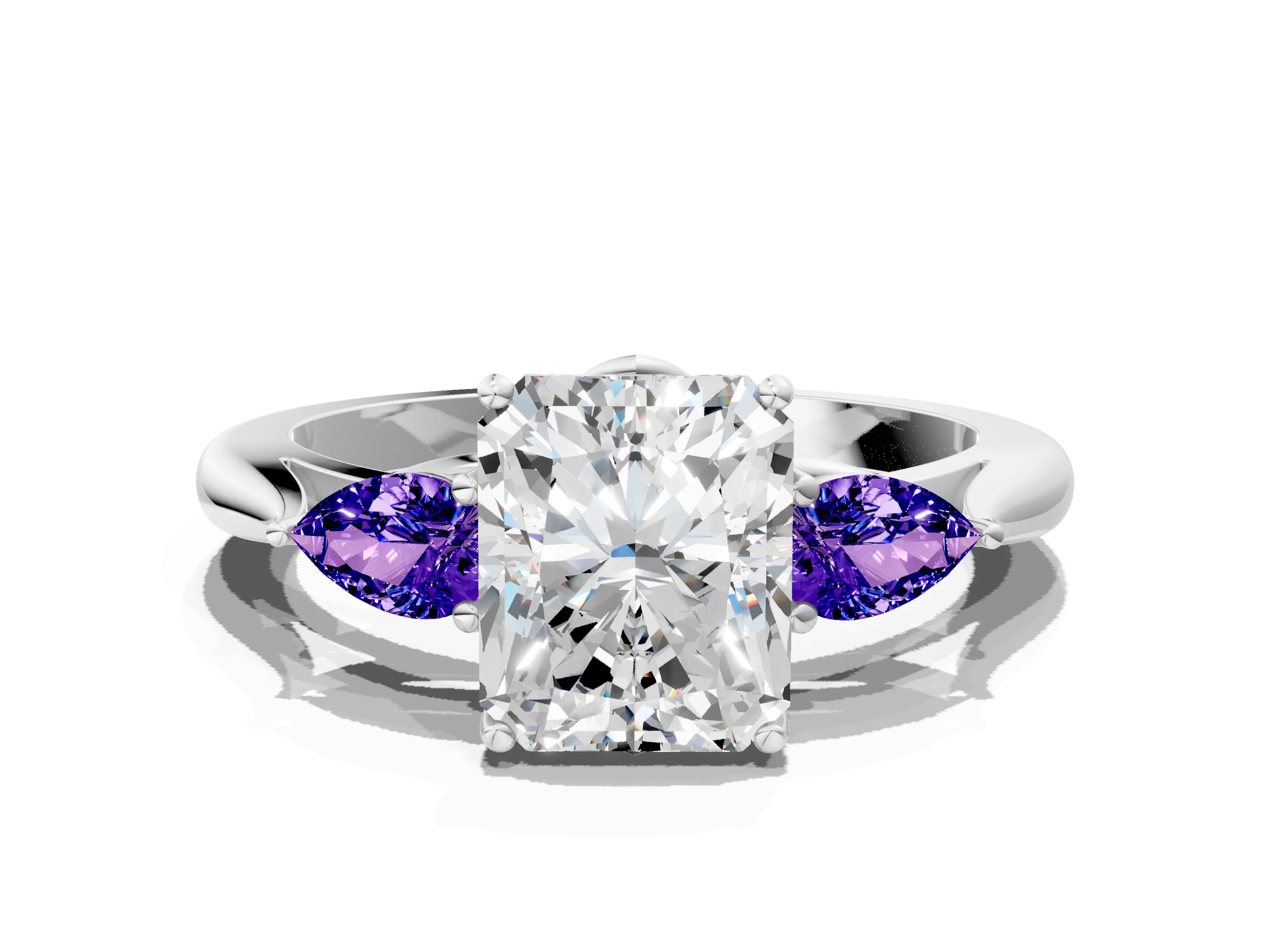 White gold Radiant Cut Diamond Three-Stone Ring with Pear with Tanzanite side stone Side Stones and Prong Setting_18