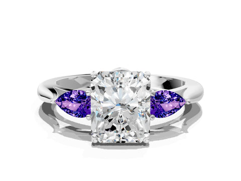 White gold Radiant Cut Diamond Three-Stone Ring with Pear with Tanzanite side stone Side Stones and Prong Setting_18