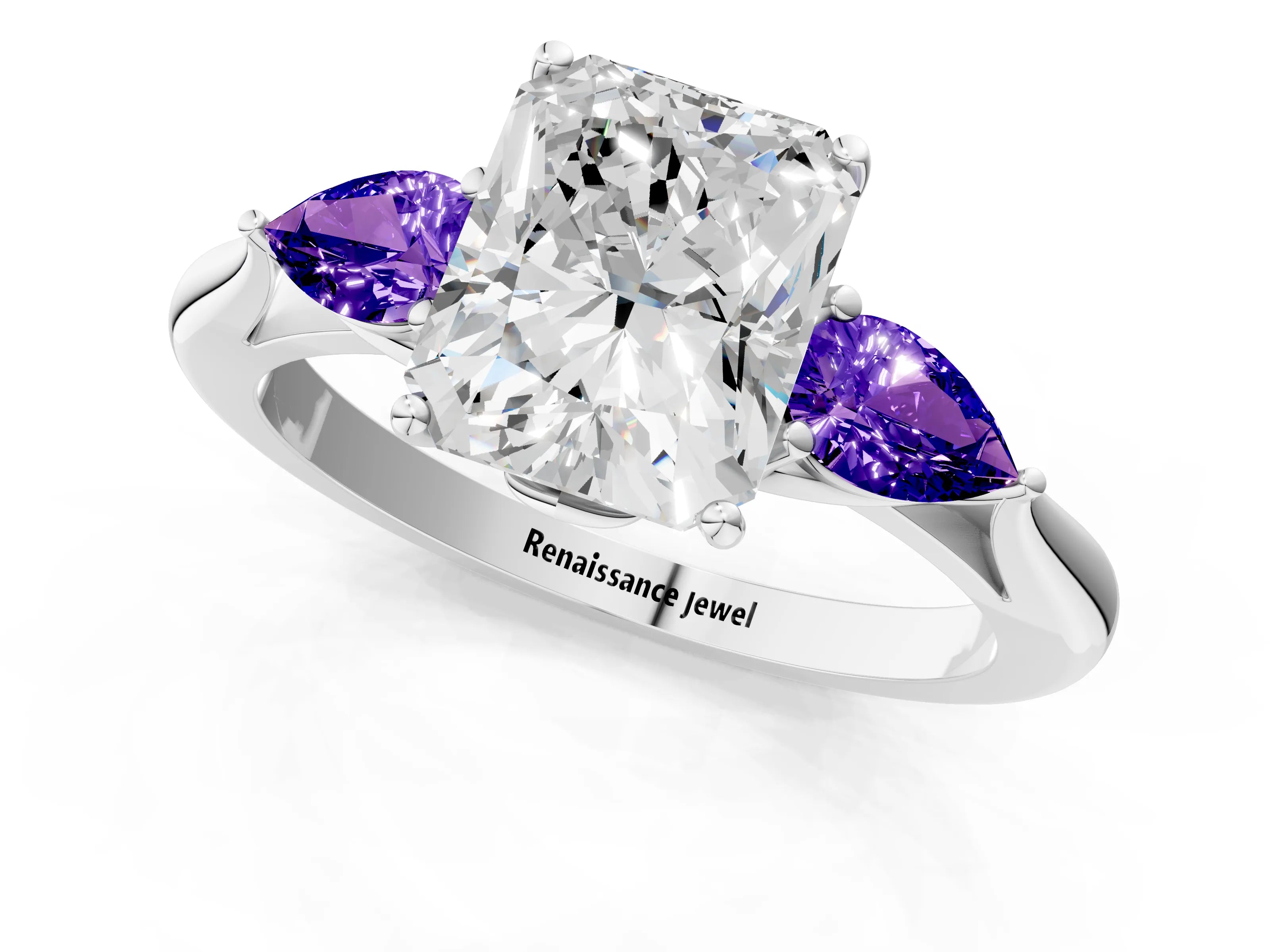 White gold Radiant Cut Diamond Three-Stone Ring with Pear with Tanzanite side stone Side Stones and Prong Setting_19