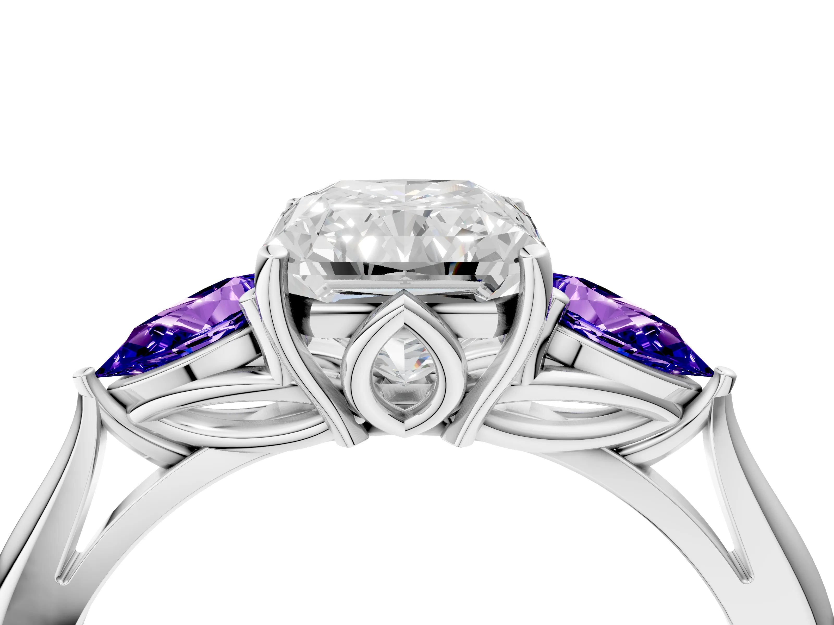 White gold Radiant Cut Diamond Three-Stone Ring with Pear with Tanzanite side stone Side Stones and Prong Setting_22