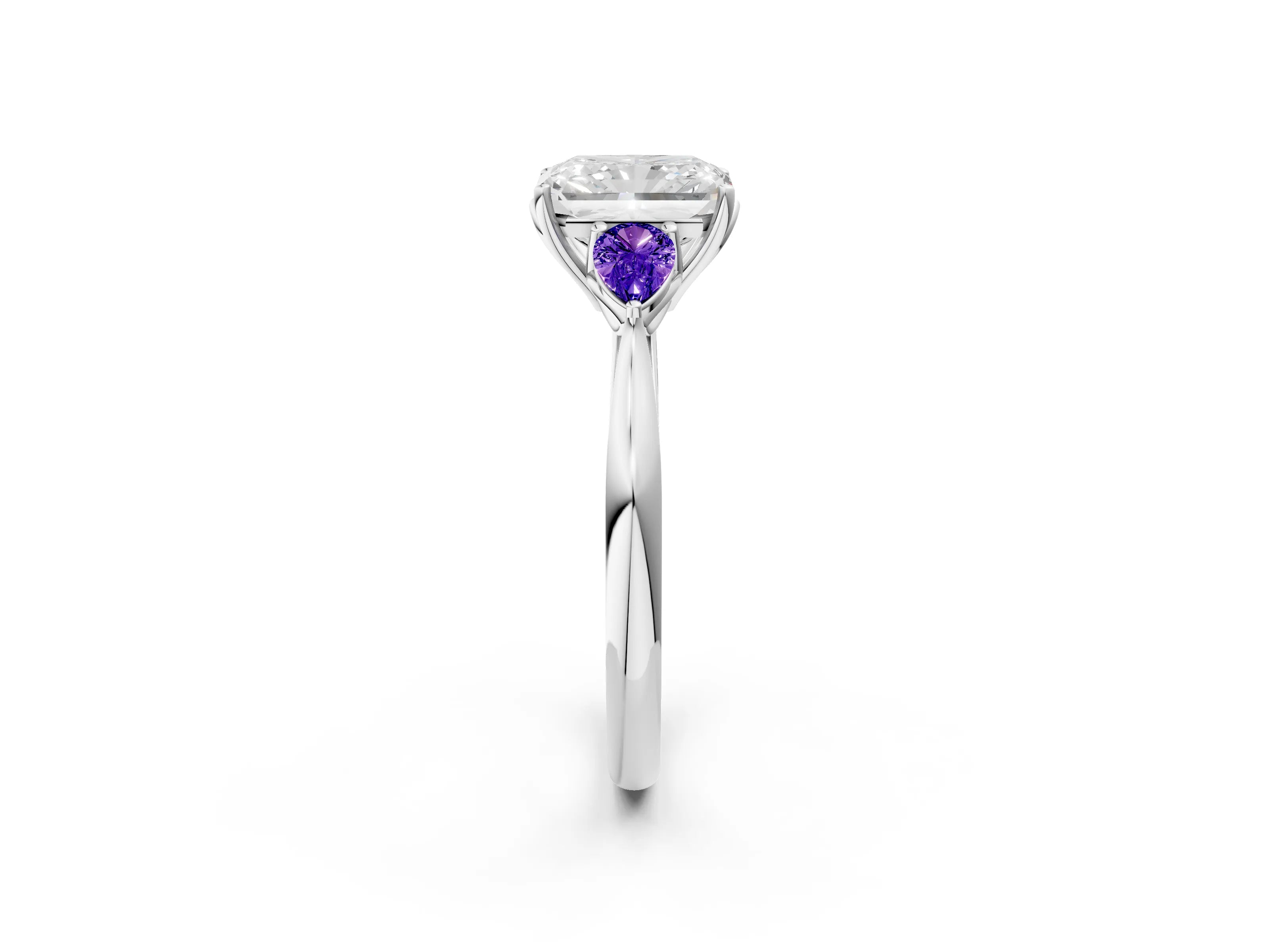 White gold Radiant Cut Diamond Three-Stone Ring with Pear with Tanzanite side stone Side Stones and Prong Setting_22