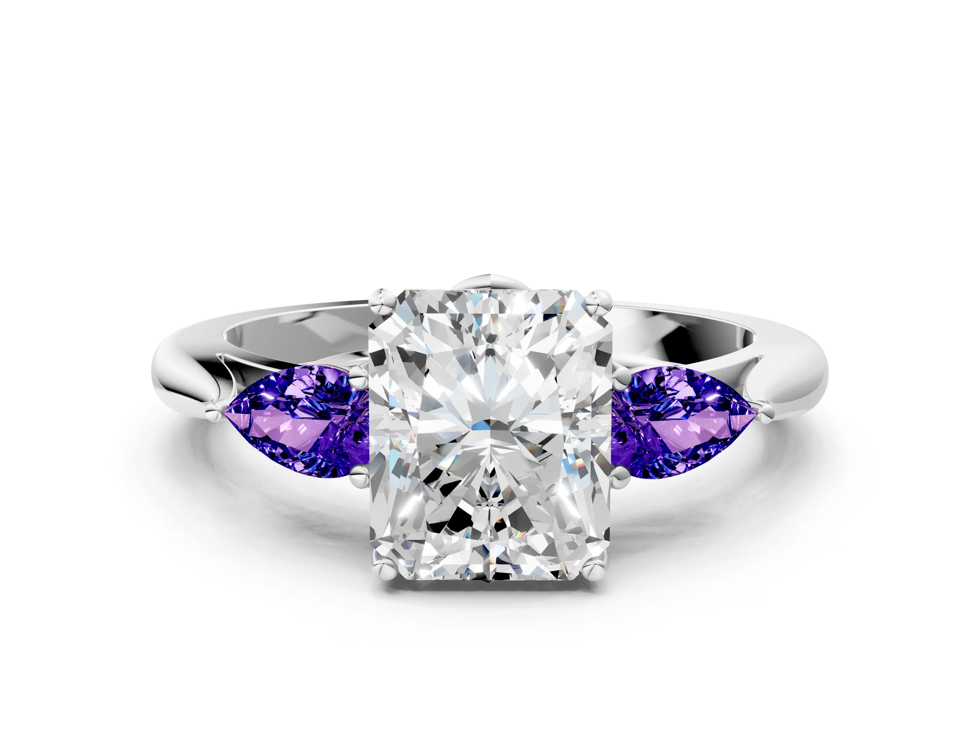 White gold Radiant Cut Diamond Three-Stone Ring with Pear with Tanzanite side stone Side Stones and Prong Setting_30