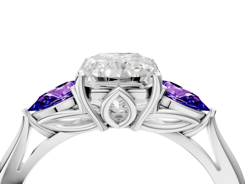 White gold Radiant Cut Diamond Three-Stone Ring with Pear with Tanzanite side stone Side Stones and Prong Setting_34