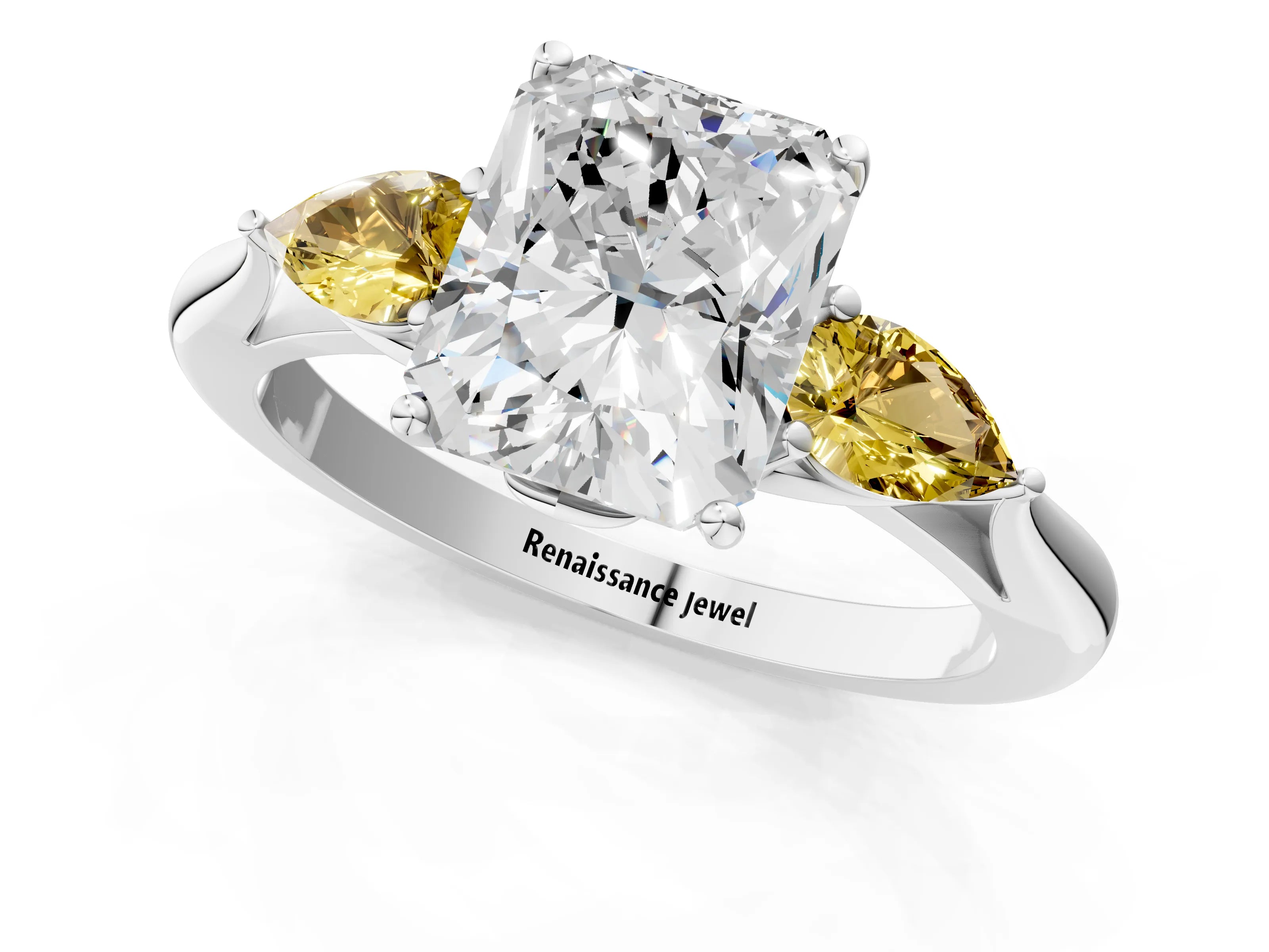 White gold Radiant Cut Diamond Three-Stone Ring with Pear with Yellow Sapphire side stone Side Stones and Prong Setting_25