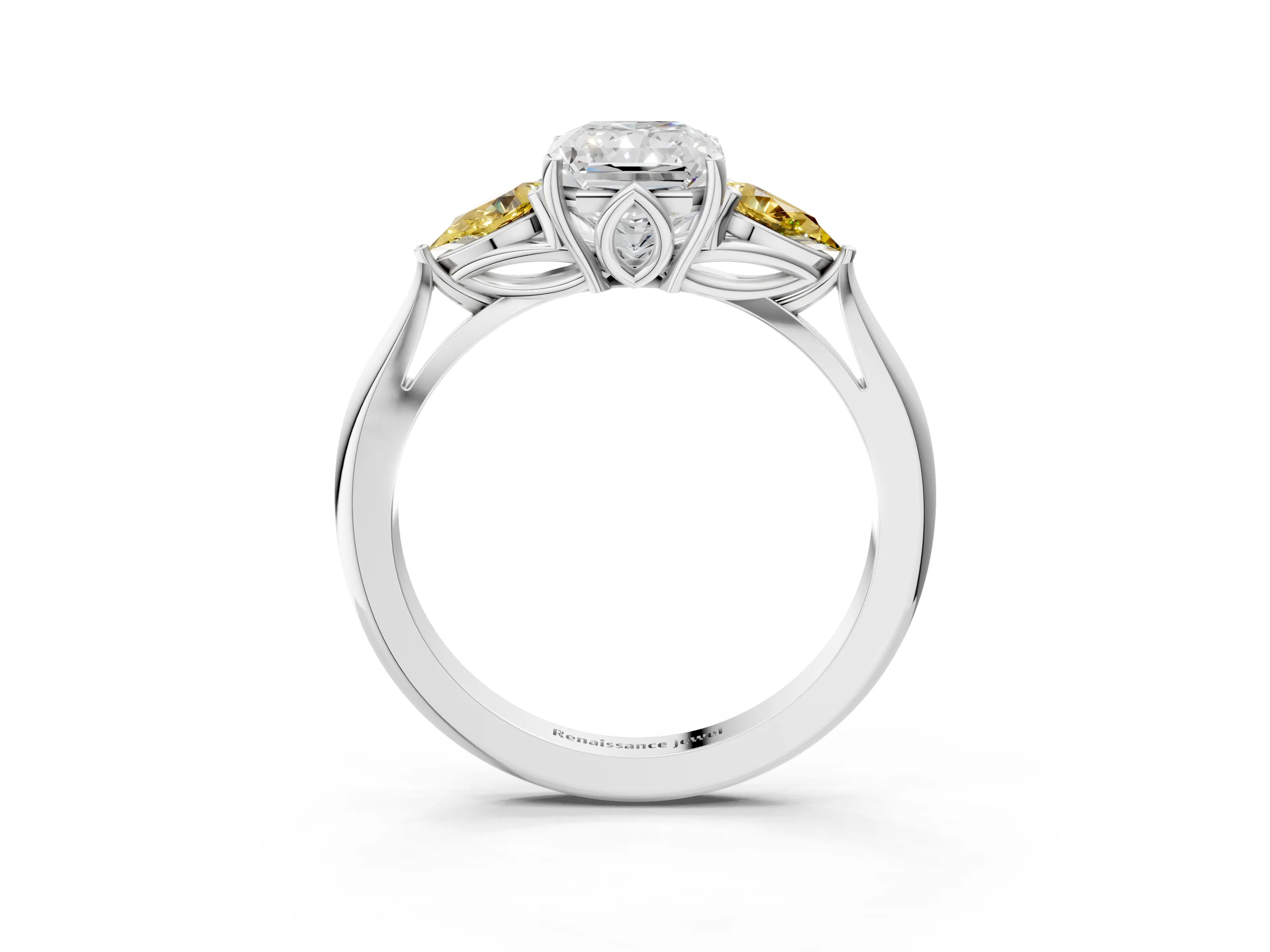 White gold Radiant Cut Diamond Three-Stone Ring with Pear with Yellow Sapphire side stone Side Stones and Prong Setting_27