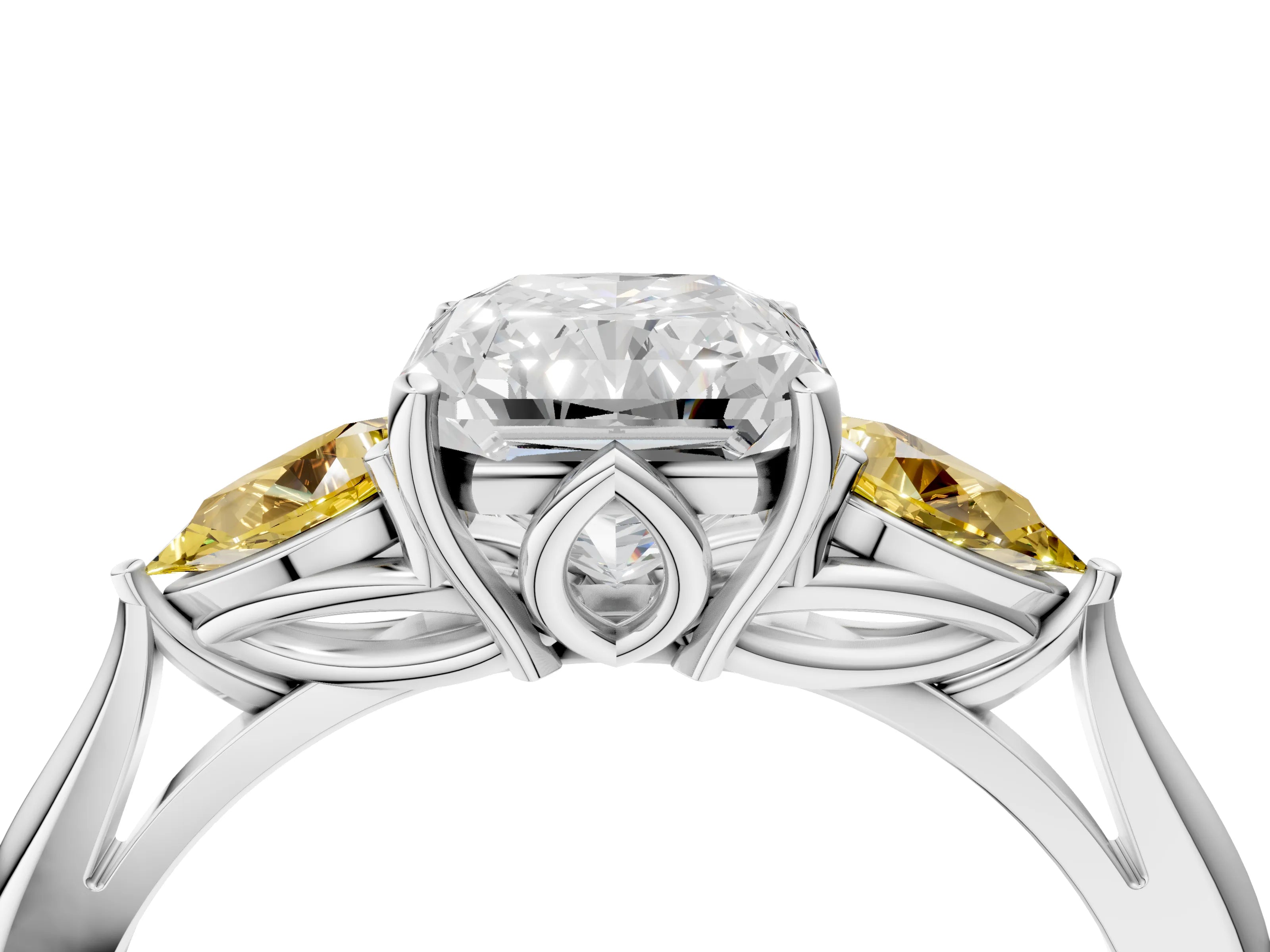 White gold Radiant Cut Diamond Three-Stone Ring with Pear with Yellow Sapphire side stone Side Stones and Prong Setting_28