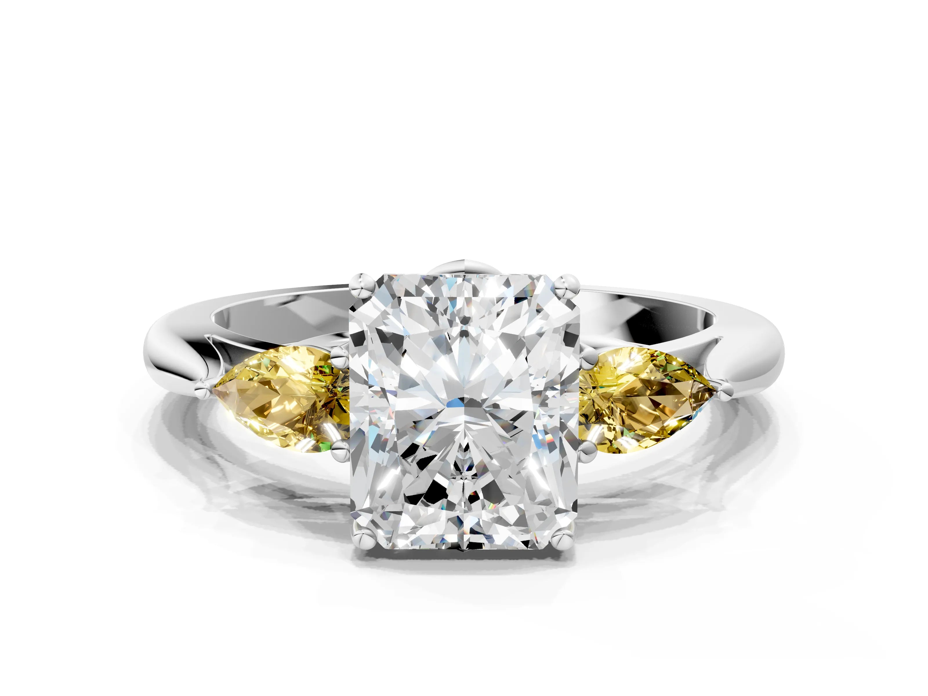 White gold Radiant Cut Diamond Three-Stone Ring with Pear with Yellow Sapphire side stone Side Stones and Prong Setting_36