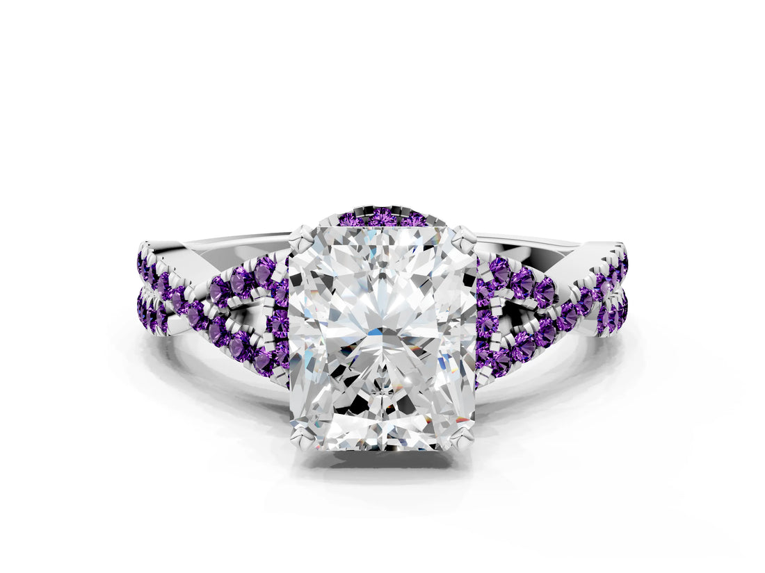 White gold Radiant Cut Diamond with Amethyst side stone Halo Twist Band Solitaire Prong Setting Ring_12