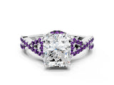 White gold Radiant Cut Diamond with Amethyst side stone Halo Twist Band Solitaire Prong Setting Ring_12