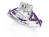 White gold Radiant Cut Diamond with Amethyst side stone Halo Twist Band Solitaire Prong Setting Ring_13