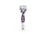 White gold Radiant Cut Diamond with Amethyst side stone Halo Twist Band Solitaire Prong Setting Ring_14
