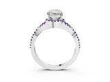 White gold Radiant Cut Diamond with Amethyst side stone Halo Twist Band Solitaire Prong Setting Ring_15