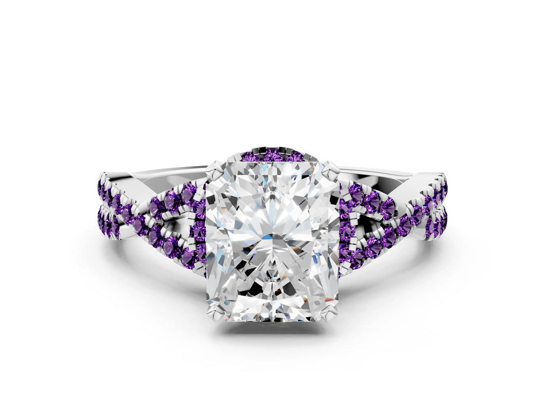 White gold Radiant Cut Diamond with Amethyst side stone Halo Twist Band Solitaire Prong Setting Ring_25