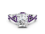 White gold Radiant Cut Diamond with Amethyst side stone Halo Twist Band Solitaire Prong Setting Ring_25