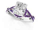 White gold Radiant Cut Diamond with Amethyst side stone Halo Twist Band Solitaire Prong Setting Ring_26