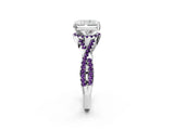 White gold Radiant Cut Diamond with Amethyst side stone Halo Twist Band Solitaire Prong Setting Ring_27
