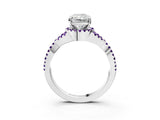 White gold Radiant Cut Diamond with Amethyst side stone Halo Twist Band Solitaire Prong Setting Ring_28