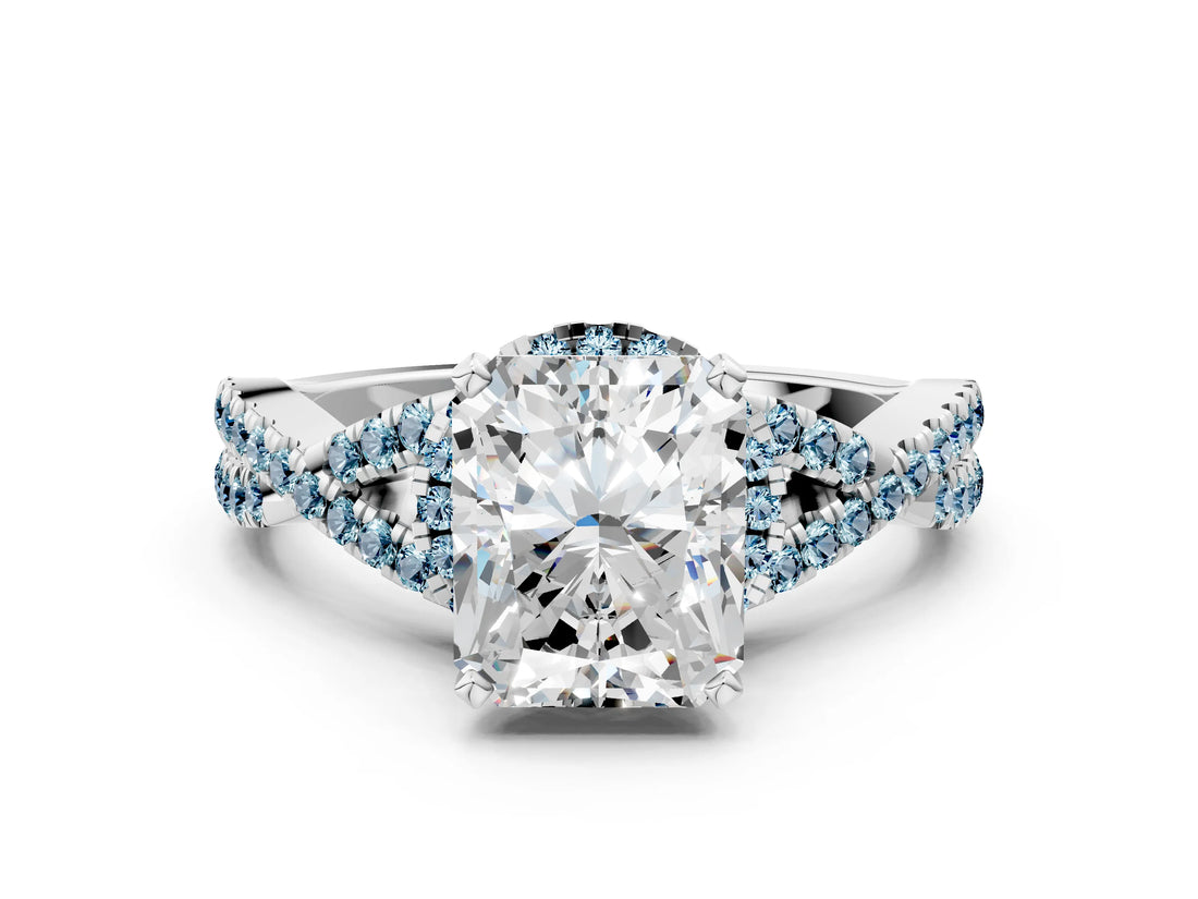 White gold Radiant Cut Diamond with Aquamarine side stone Halo Twist Band Solitaire Prong Setting Ring_30