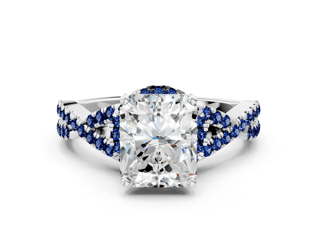 White gold Radiant Cut Diamond with Blue Sapphire side stone Halo Twist Band Solitaire Prong Setting Ring_12