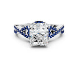 White gold Radiant Cut Diamond with Blue Sapphire side stone Halo Twist Band Solitaire Prong Setting Ring_12