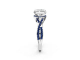 White gold Radiant Cut Diamond with Blue Sapphire side stone Halo Twist Band Solitaire Prong Setting Ring_14