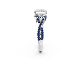 White gold Radiant Cut Diamond with Blue Sapphire side stone Halo Twist Band Solitaire Prong Setting Ring_26