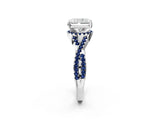 White gold Radiant Cut Diamond with Blue Sapphire side stone Halo Twist Band Solitaire Prong Setting Ring_44