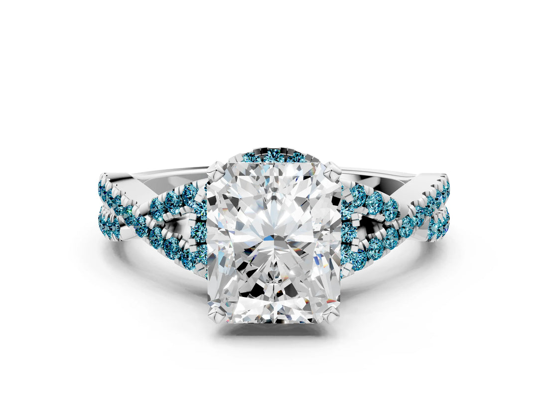 White gold Radiant Cut Diamond with Blue Topaz side stone Halo Twist Band Solitaire Prong Setting Ring_12
