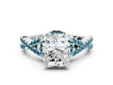 White gold Radiant Cut Diamond with Blue Topaz side stone Halo Twist Band Solitaire Prong Setting Ring_12