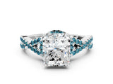 White gold Radiant Cut Diamond with Blue Topaz side stone Halo Twist Band Solitaire Prong Setting Ring_36