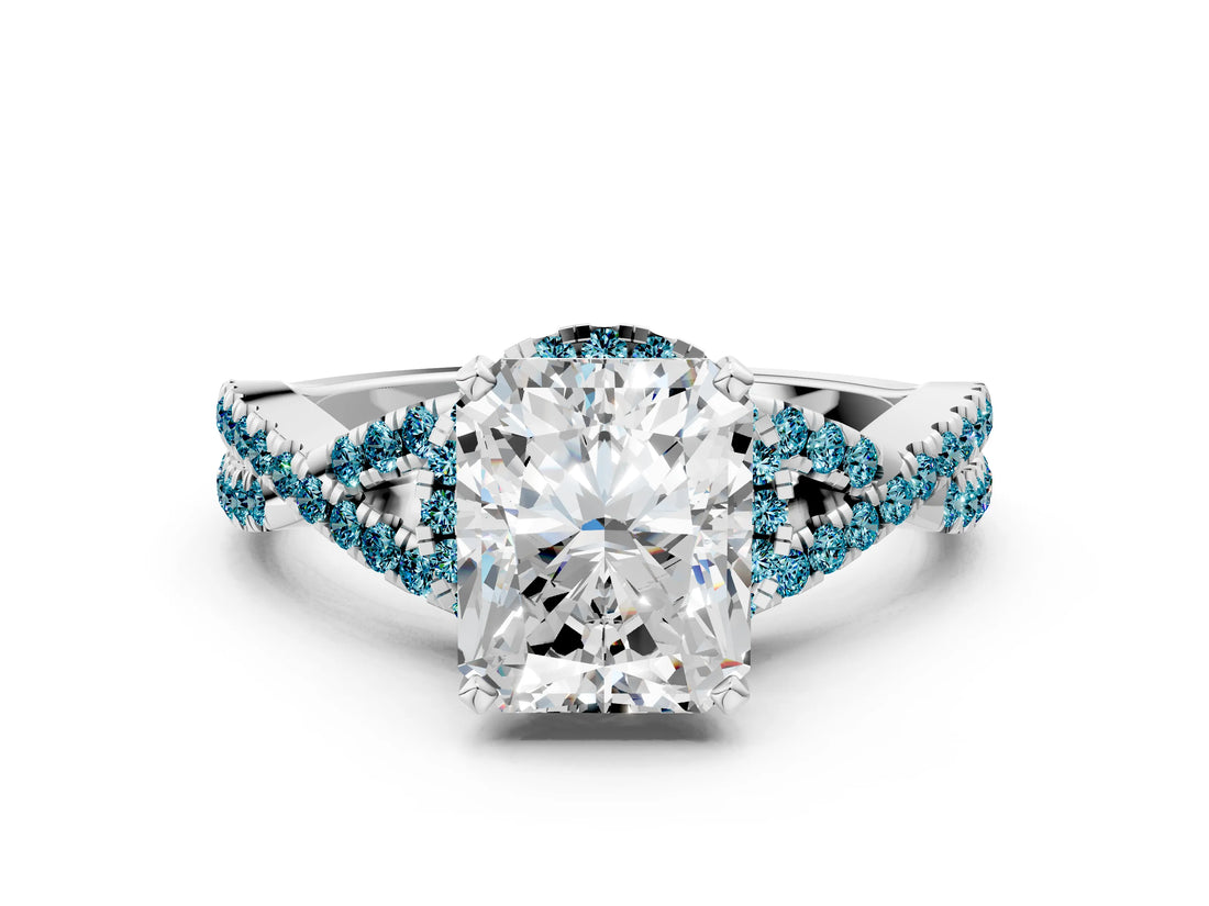 White gold Radiant Cut Diamond with Blue Topaz side stone Halo Twist Band Solitaire Prong Setting Ring_42