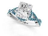 White gold Radiant Cut Diamond with Blue Topaz side stone Halo Twist Band Solitaire Prong Setting Ring_43